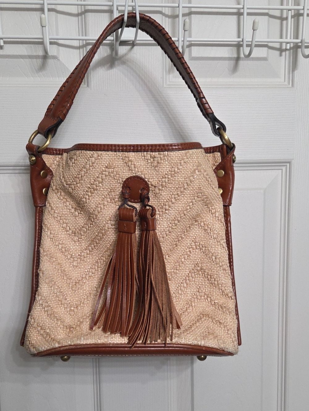 Patricia Nash Woven Raffia Tote with Brown Leather Trim and Tassel